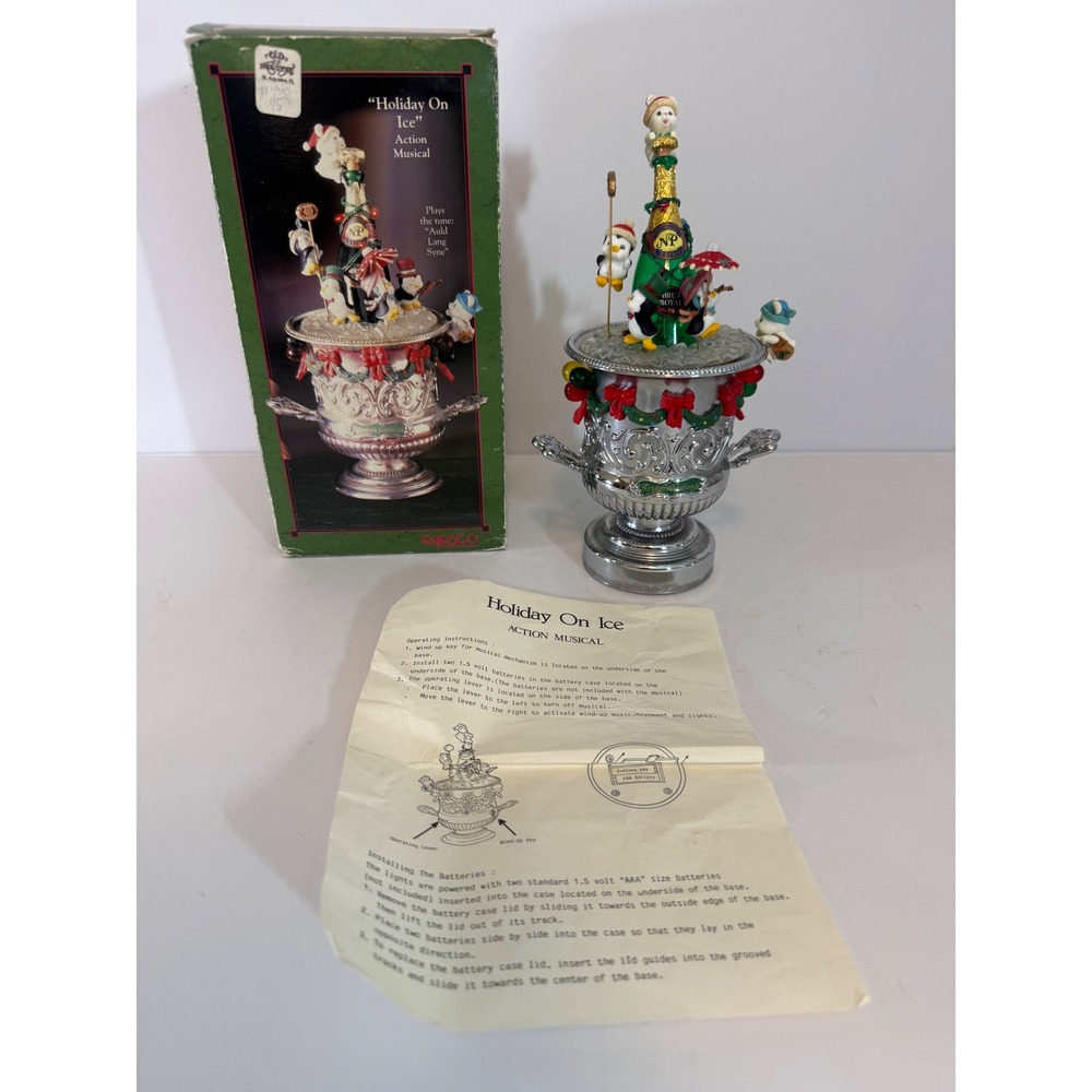 Enesco Holiday On Ice Action Musical Auld Lang Syne Penguins Champagne Decor